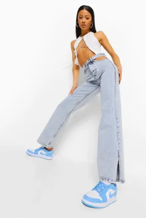 Acid Wash Cut Out Wide Leg Split Jeans