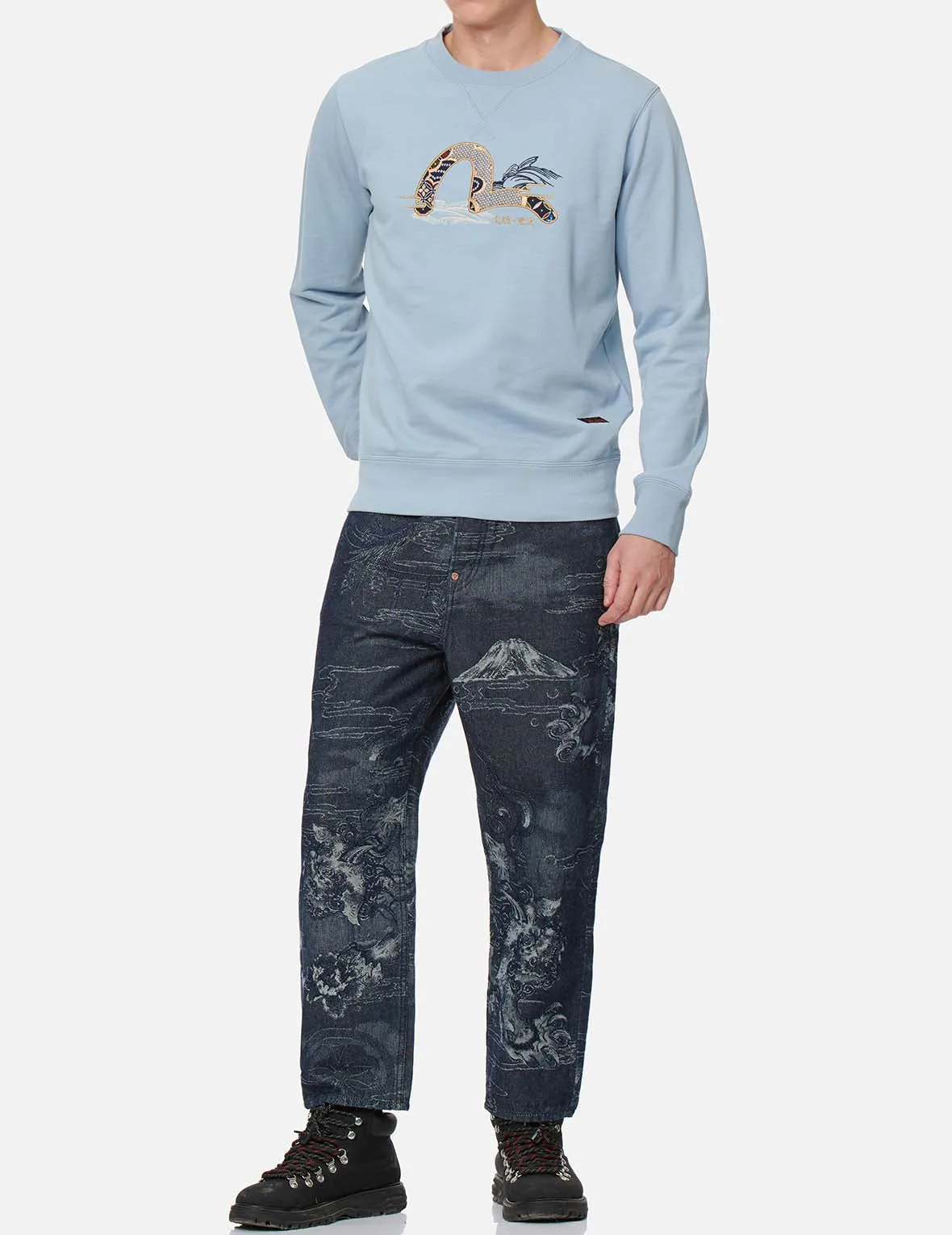 Allover Komainu Painting Jacquard Straight Cropped Denim Jeans