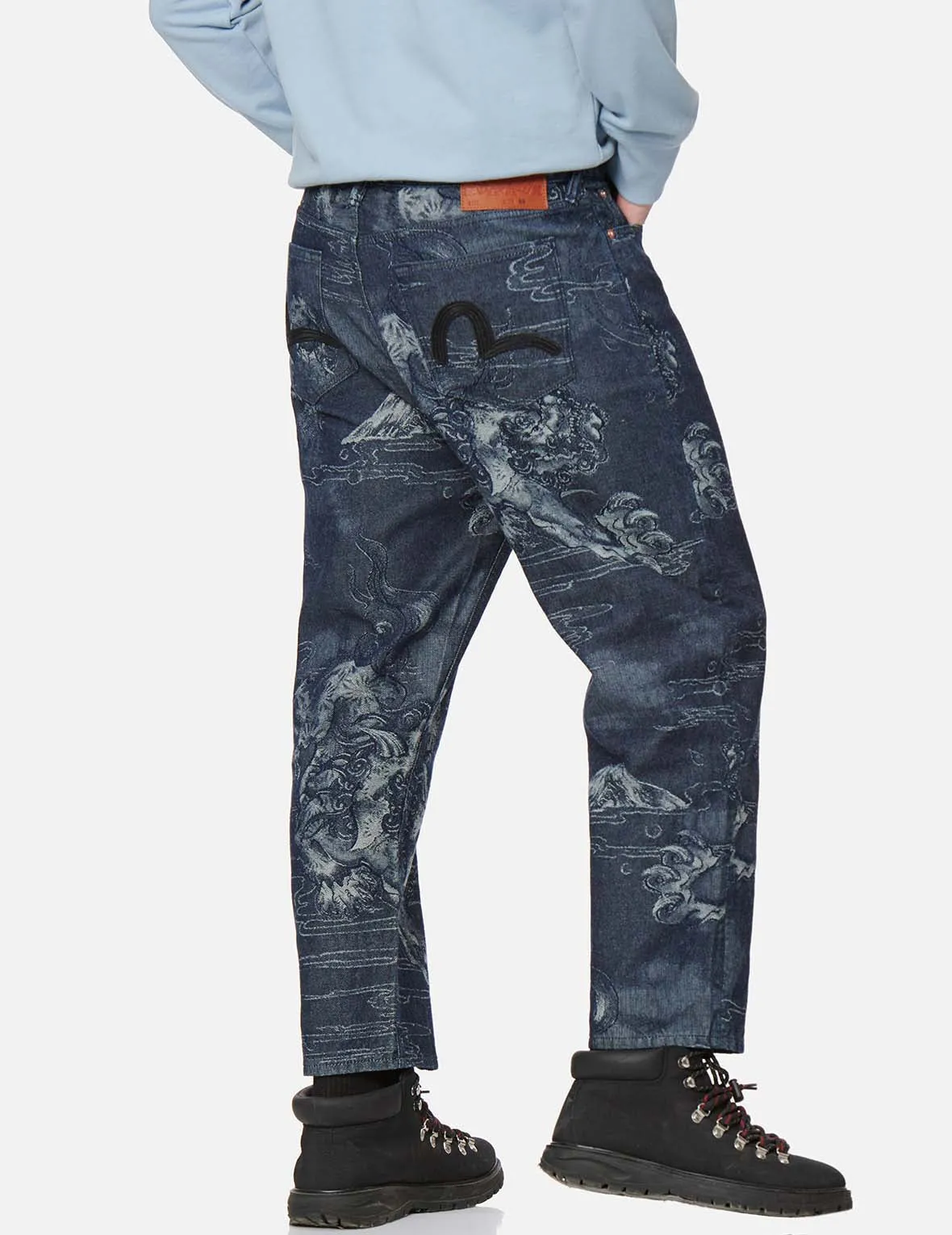 Allover Komainu Painting Jacquard Straight Cropped Denim Jeans