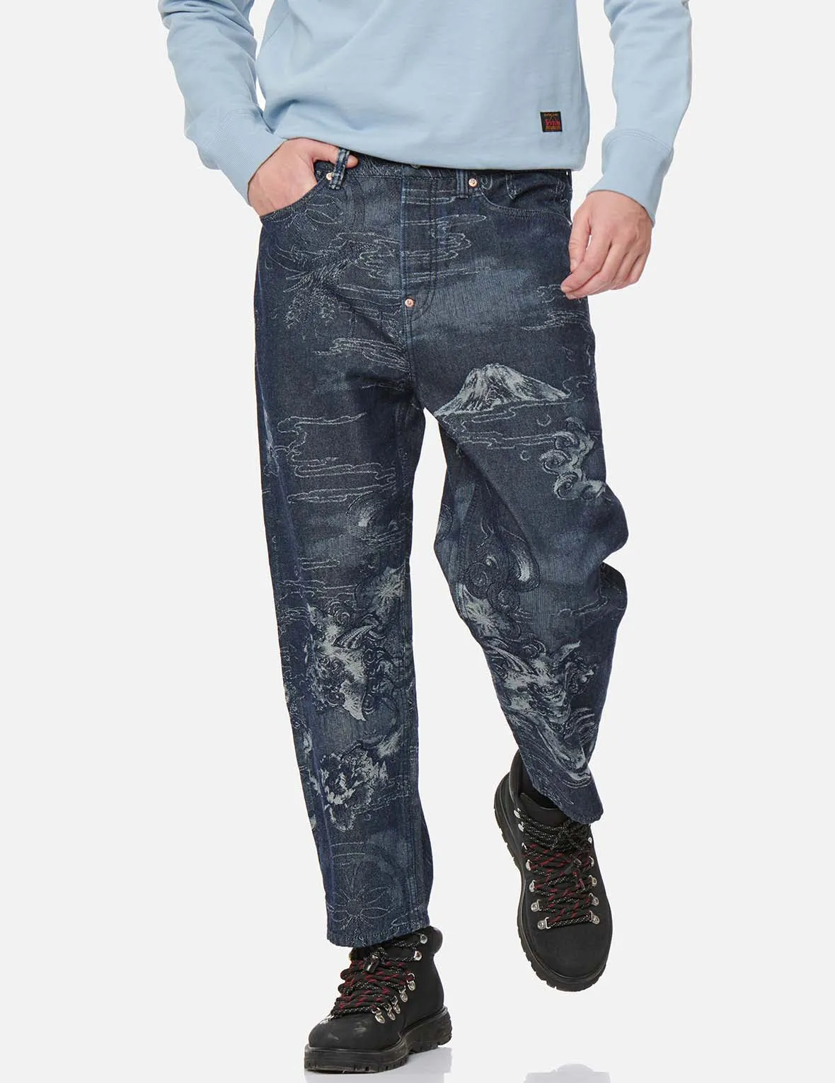 Allover Komainu Painting Jacquard Straight Cropped Denim Jeans