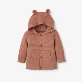 BA - Rust Bear Ear Hooded Knit Baby Cardigan