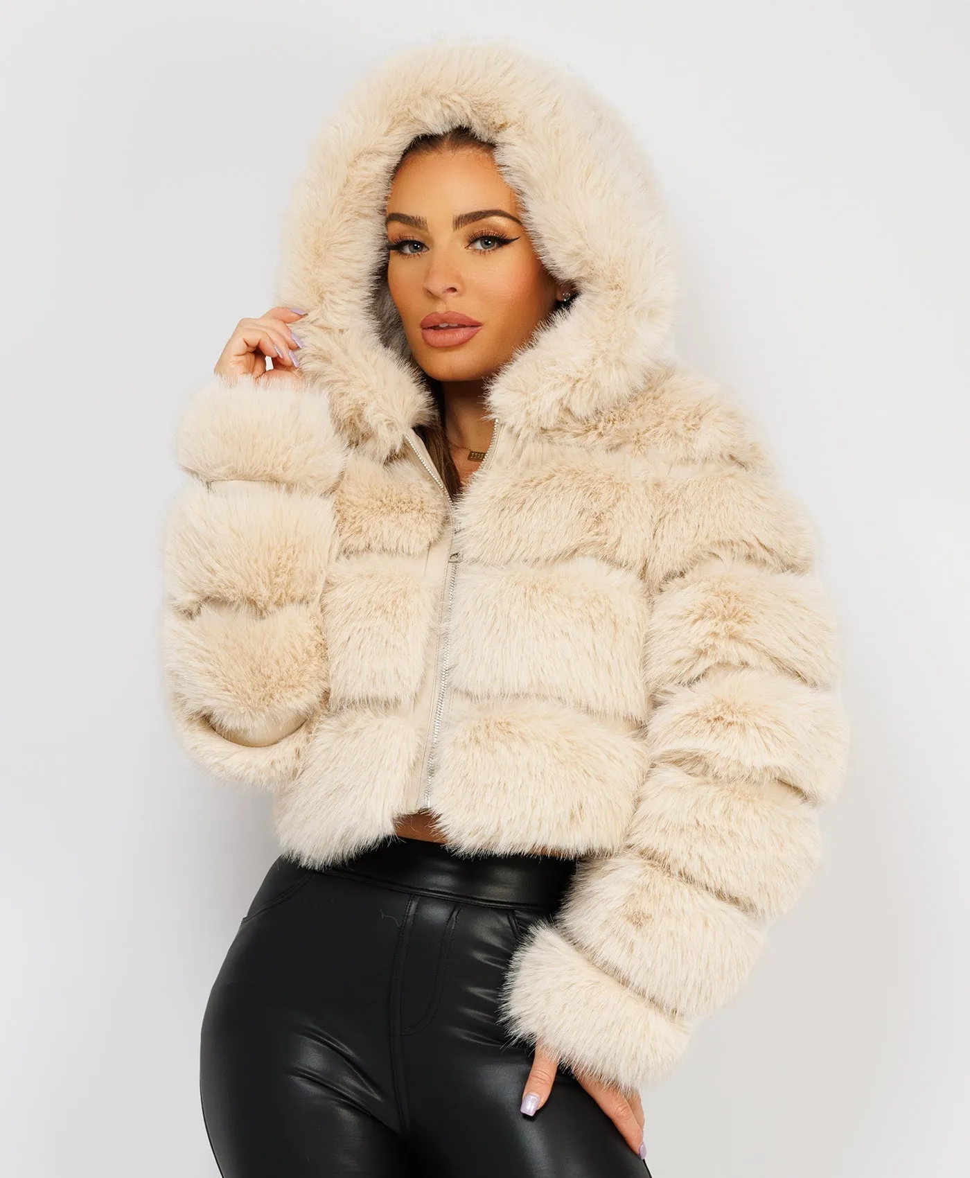 Beige Premium Hooded Faux Fur Tiered Coat Jacket