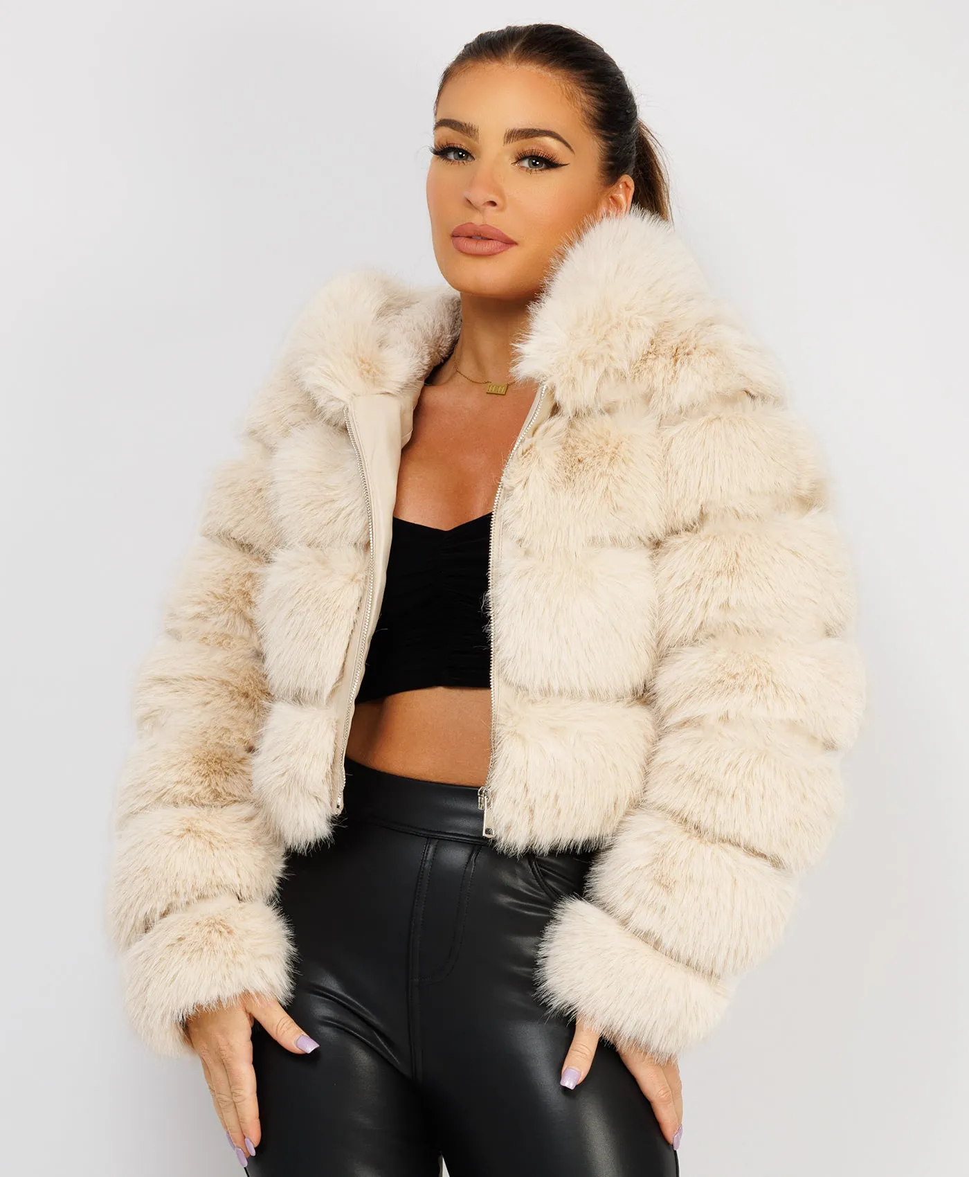 Beige Premium Hooded Faux Fur Tiered Coat Jacket