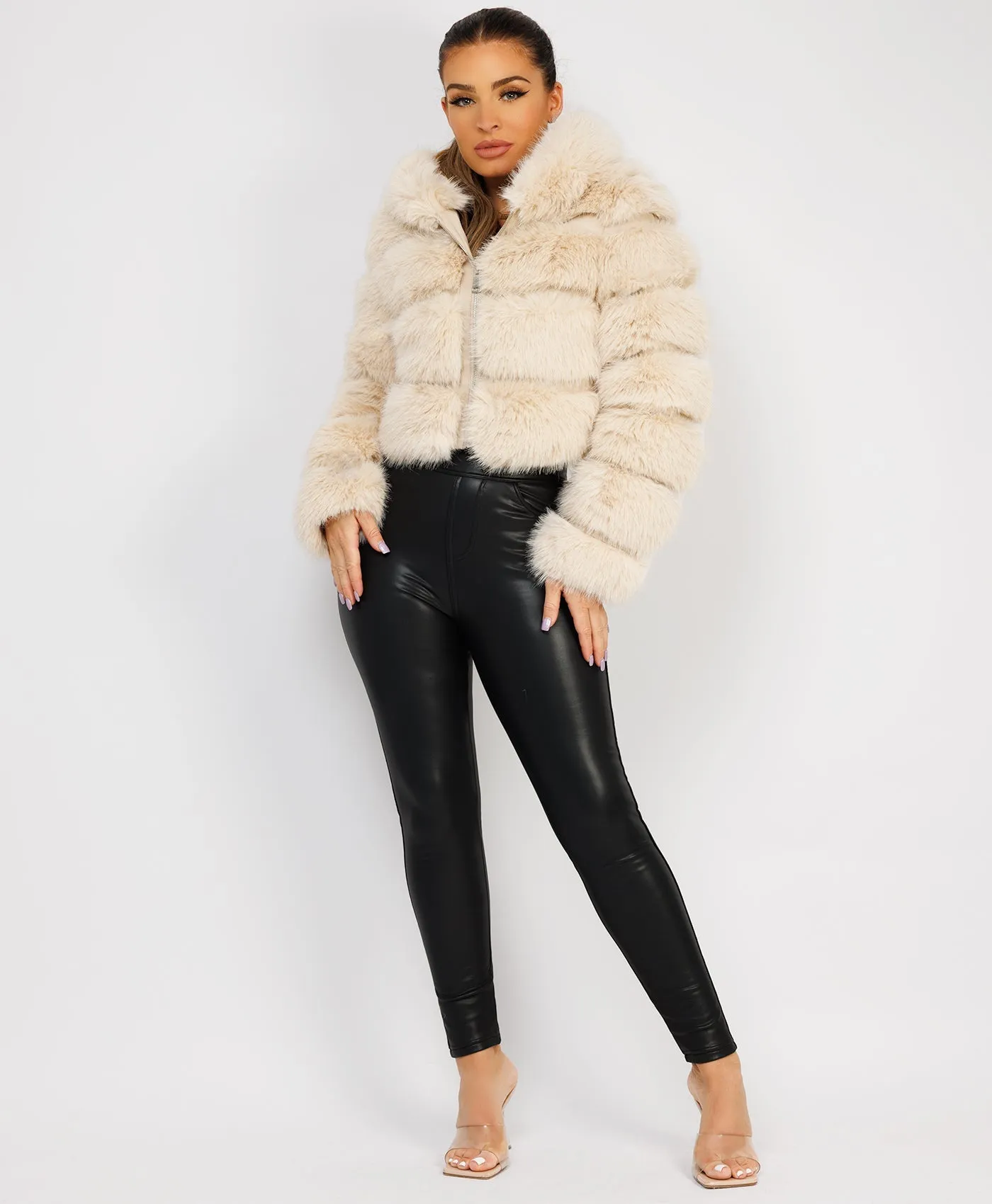 Beige Premium Hooded Faux Fur Tiered Coat Jacket