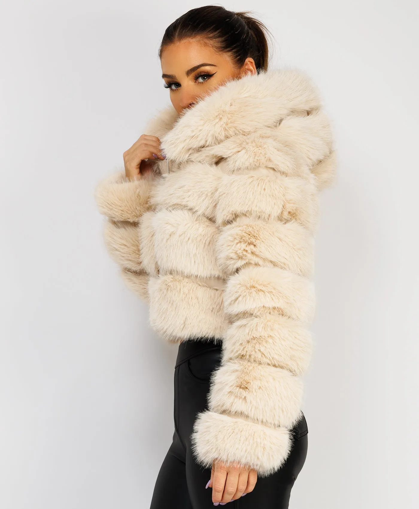 Beige Premium Hooded Faux Fur Tiered Coat Jacket