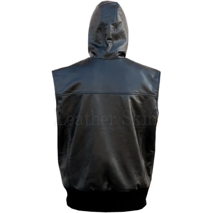 Black Hooded Fashion Premium Genuine Real Leather Vest with Hood Quilt - Leather Skin Shop