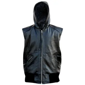 Black Hooded Fashion Premium Genuine Real Leather Vest with Hood Quilt - Leather Skin Shop