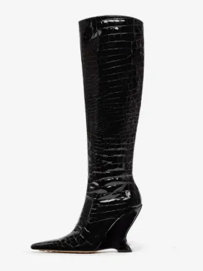 Black Knee High Boots For Women Stone Pattern Designed Wedge Heel Boots