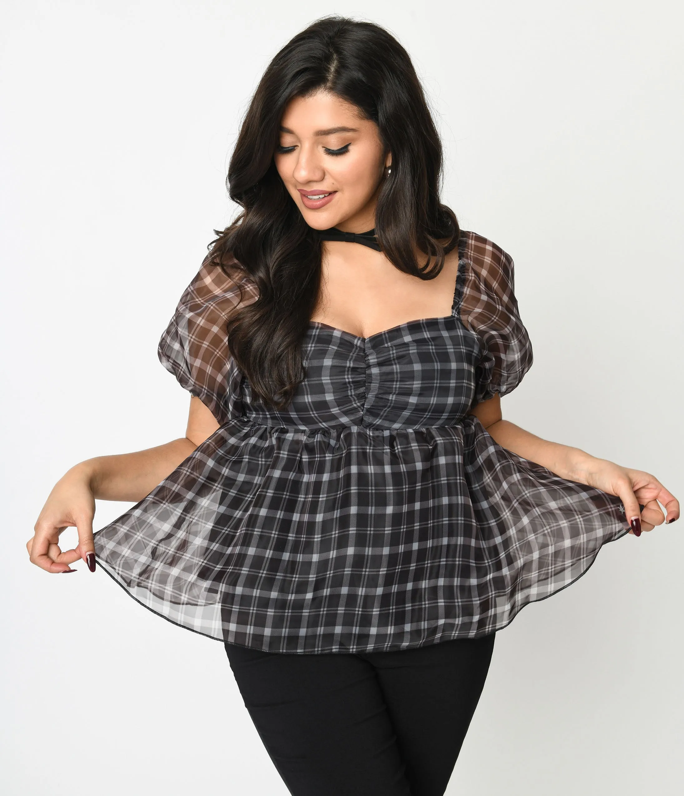 Black Plaid Babydoll Blouse