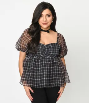 Black Plaid Babydoll Blouse