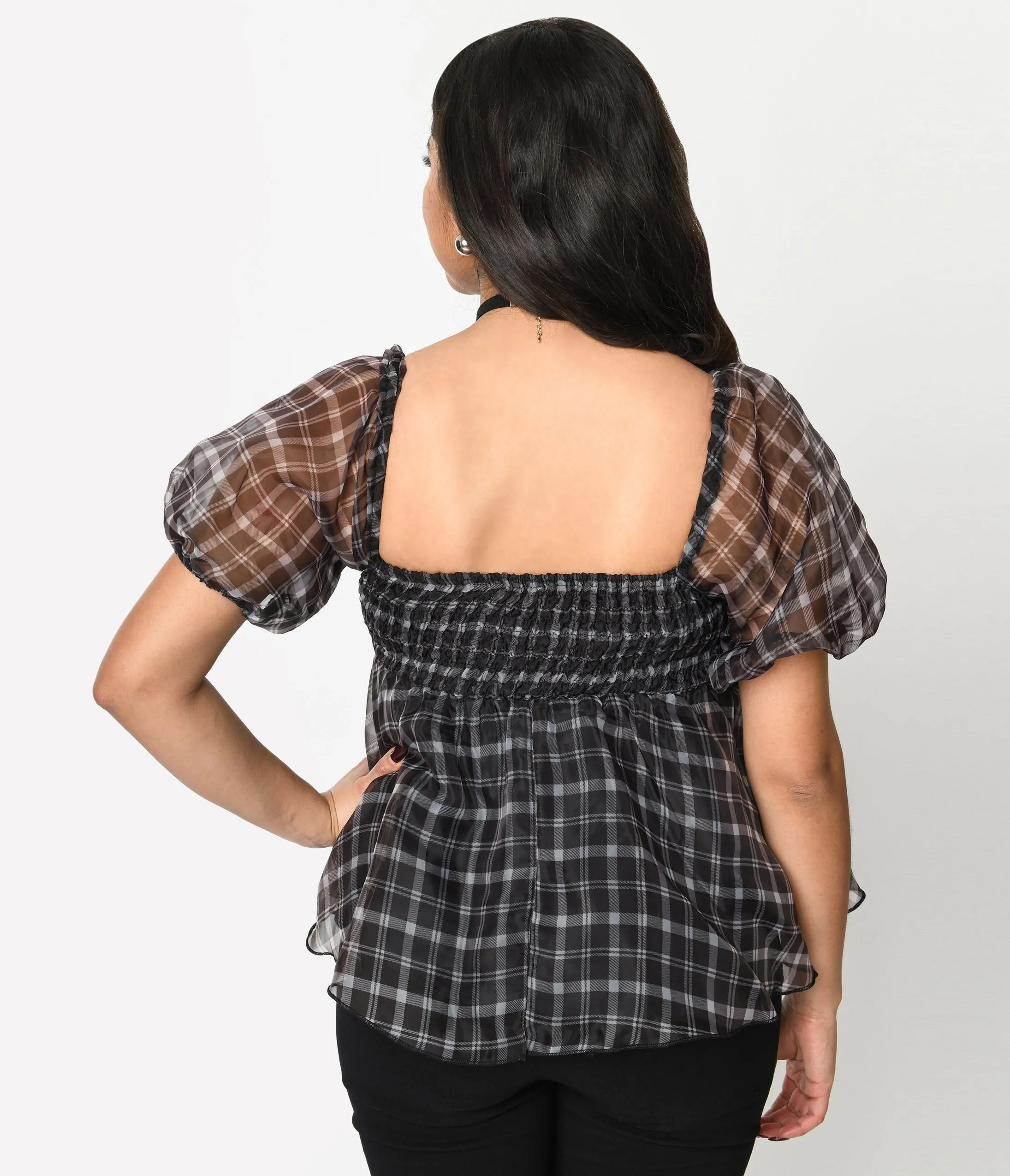 Black Plaid Babydoll Blouse