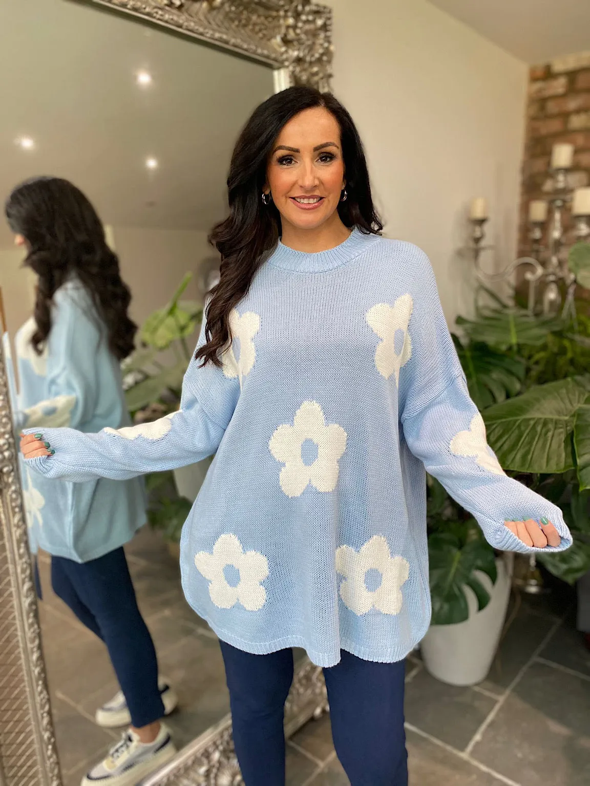 Blue Daisy Ribbed Neck Jumper Georgia