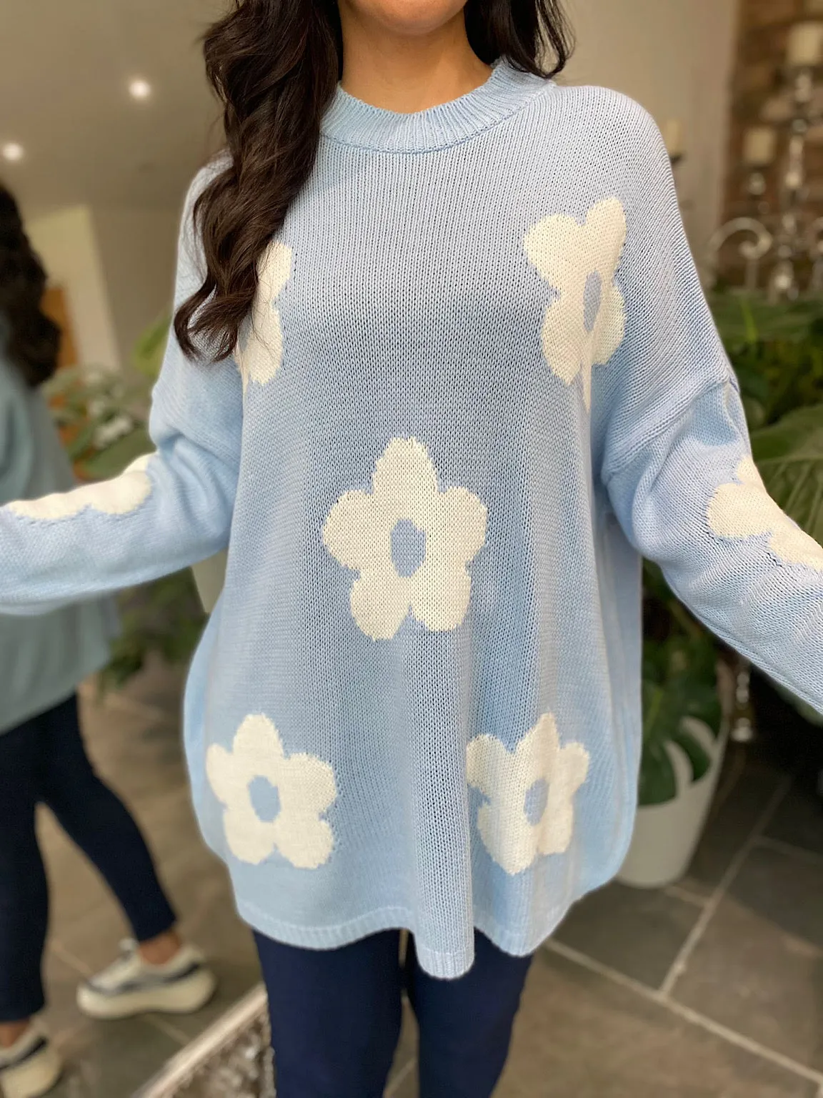 Blue Daisy Ribbed Neck Jumper Georgia