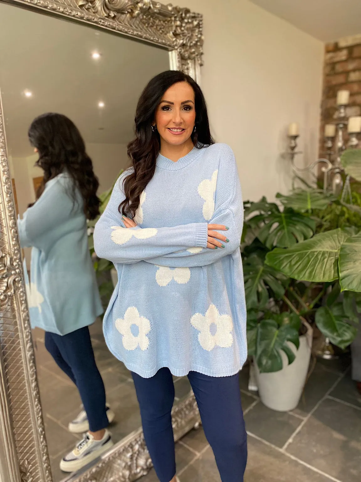 Blue Daisy Ribbed Neck Jumper Georgia