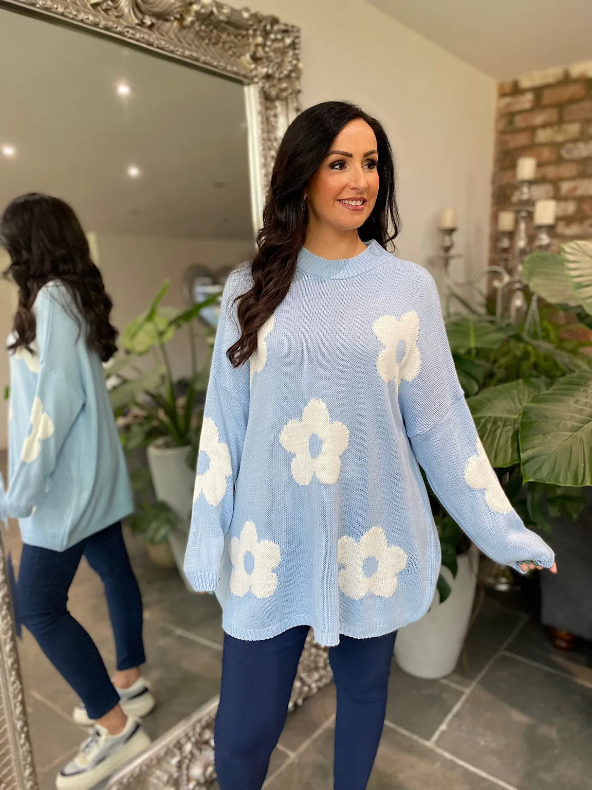 Blue Daisy Ribbed Neck Jumper Georgia