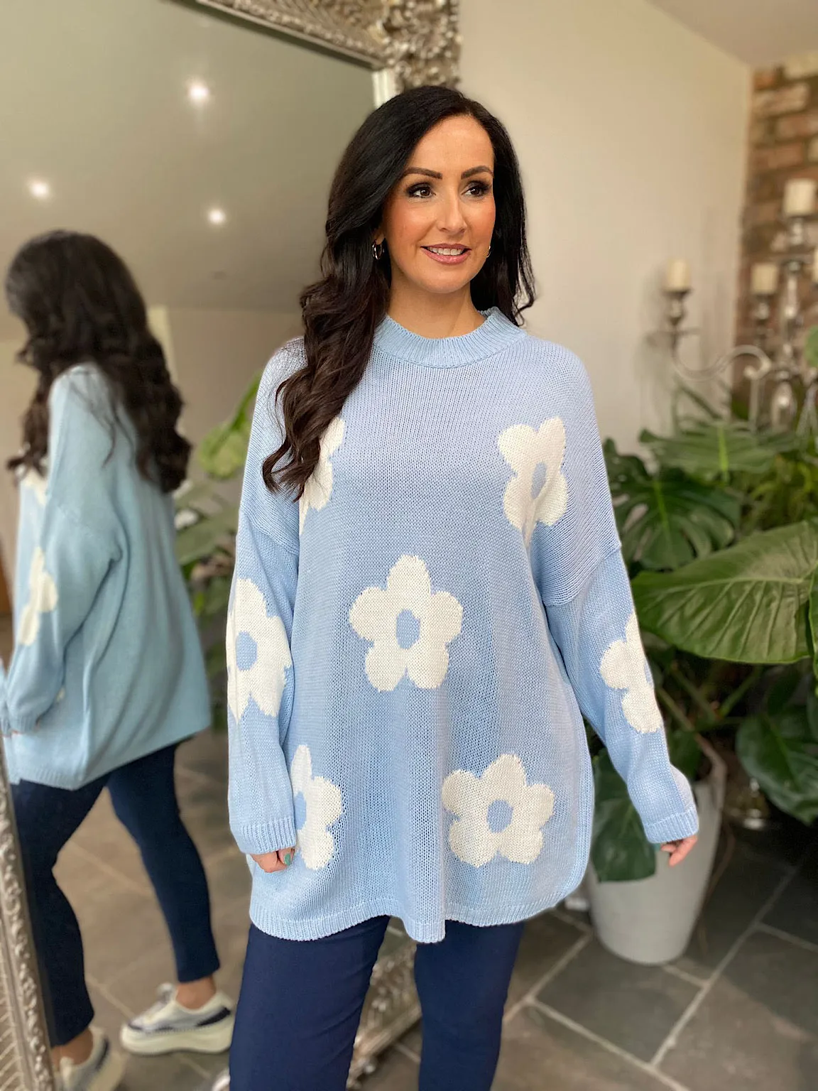 Blue Daisy Ribbed Neck Jumper Georgia