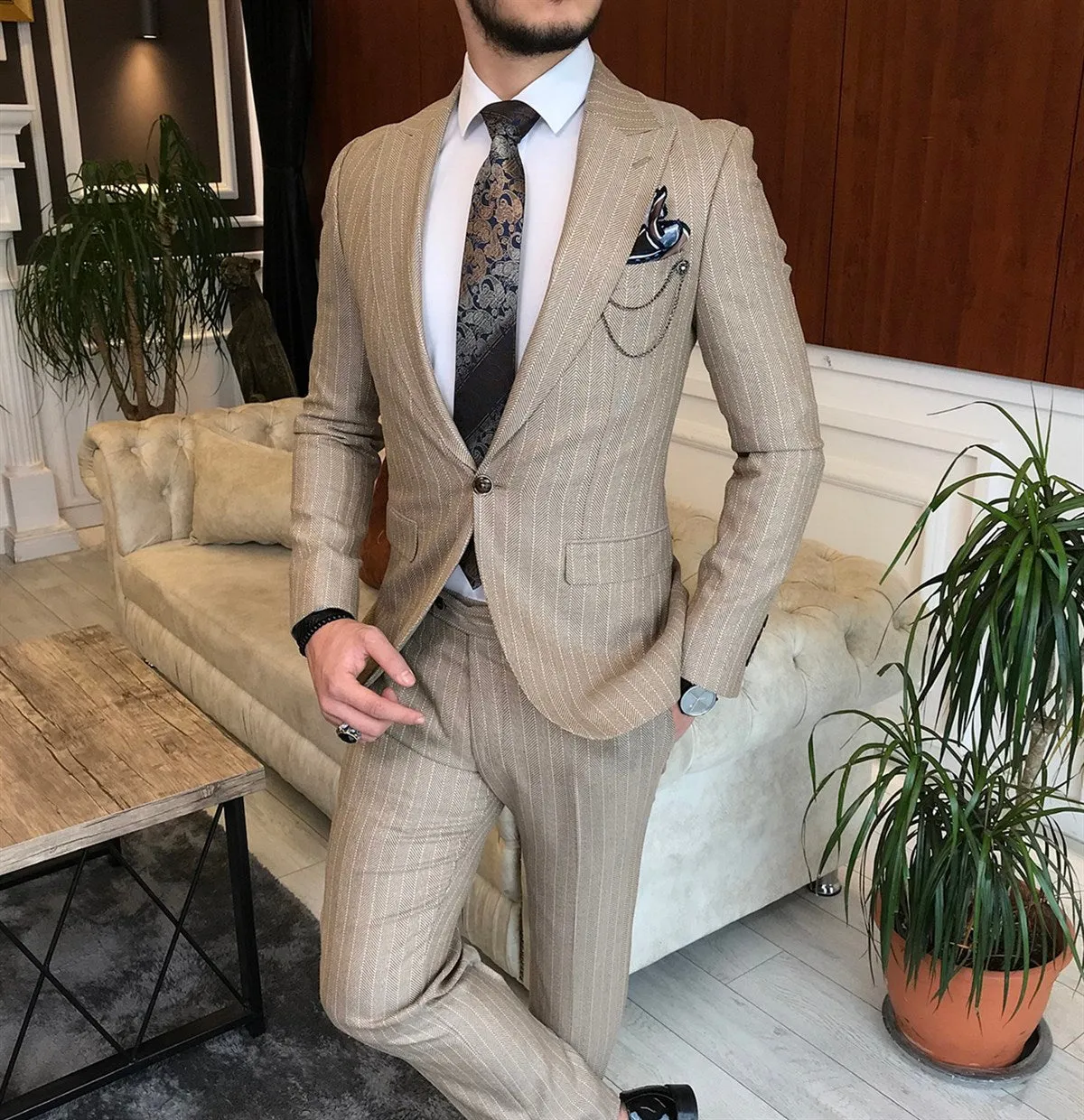 Bojoni Camel Striped Slim-Fit Suit 2-Piece