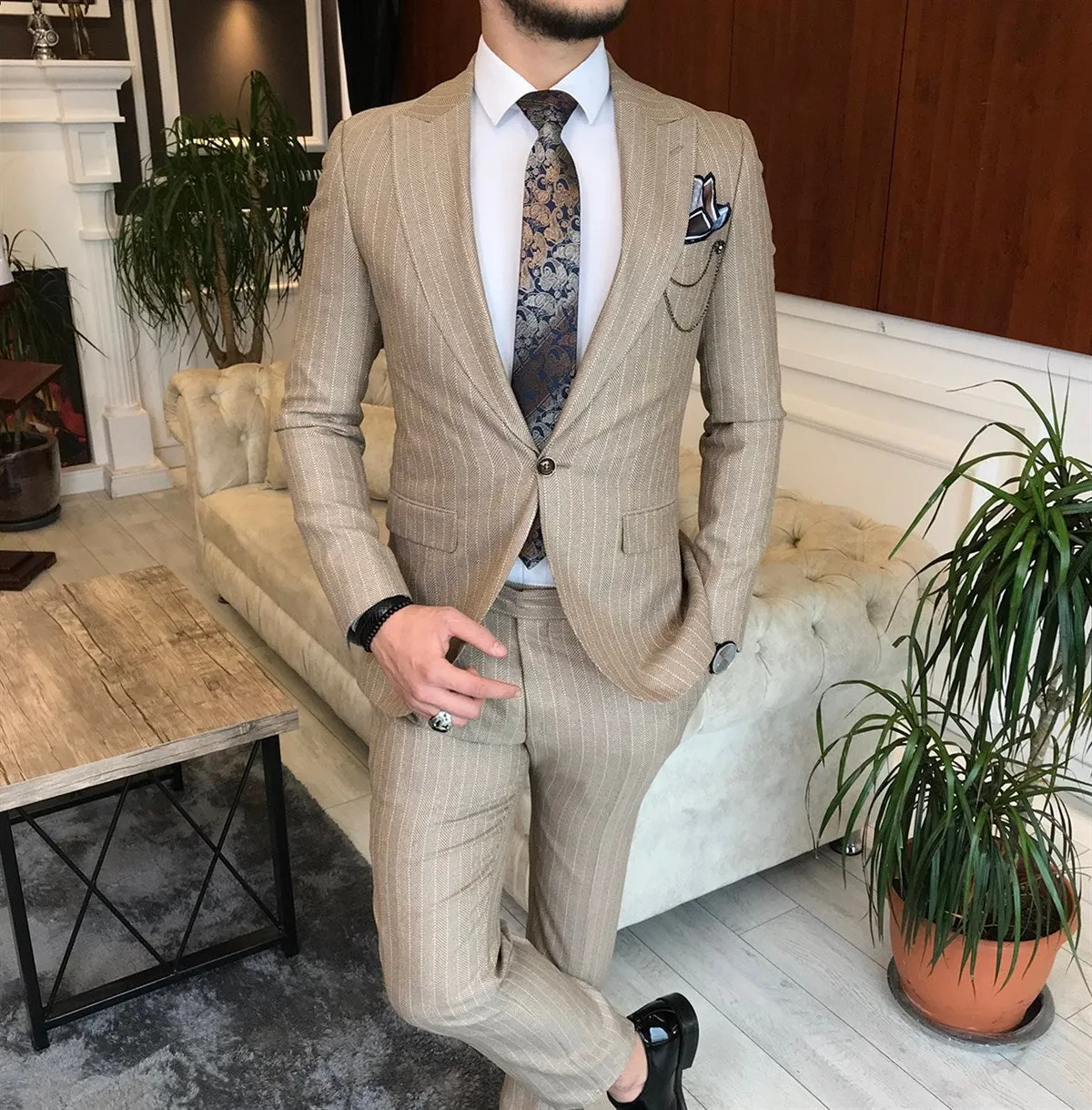 Bojoni Camel Striped Slim-Fit Suit 2-Piece