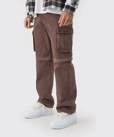 boohooMAN Mens Relaxed Acid Wash Zip Off Twill Cargo Pants