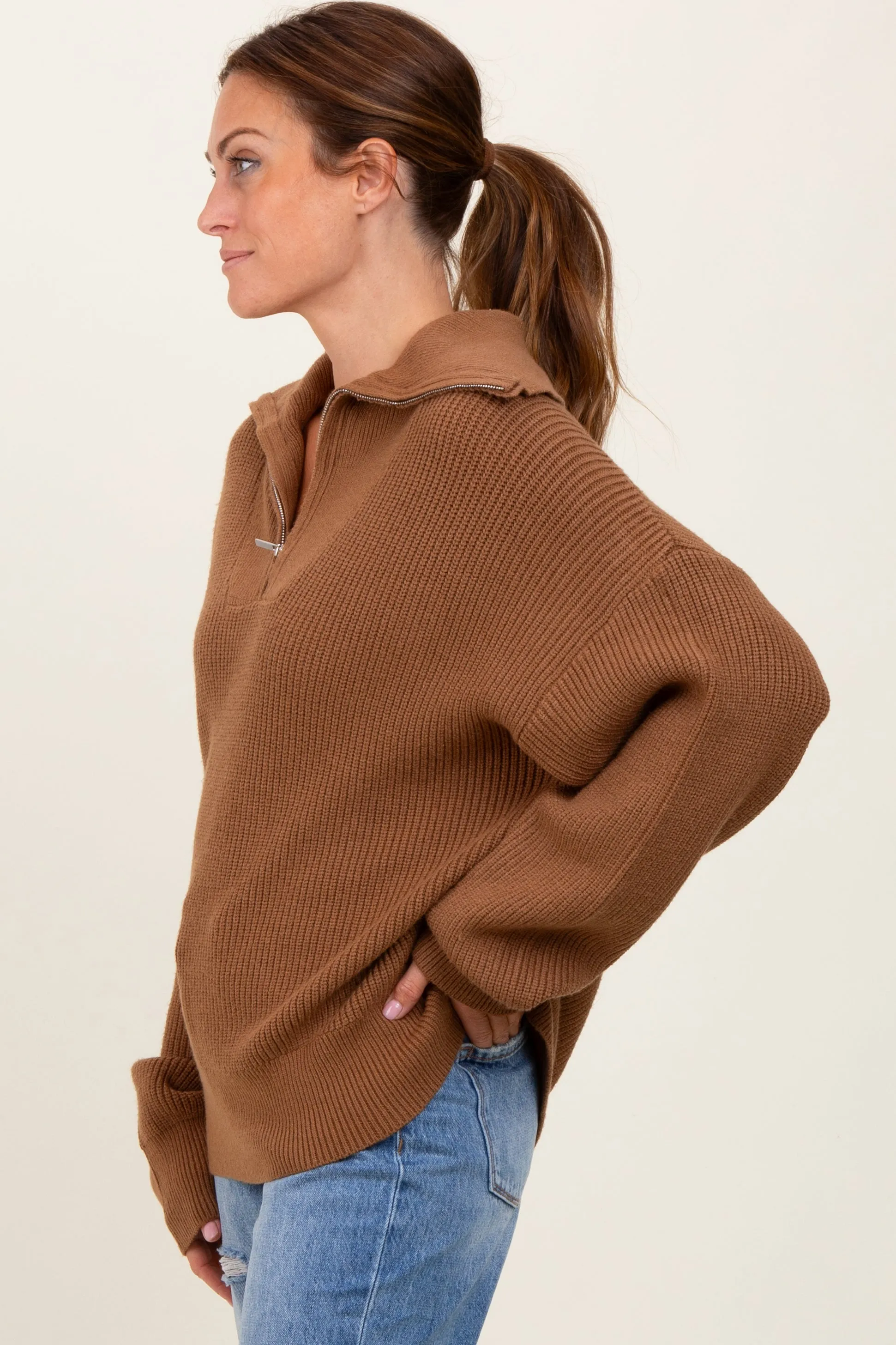 Camel Half Zip Chunky Knit Pullover Sweater