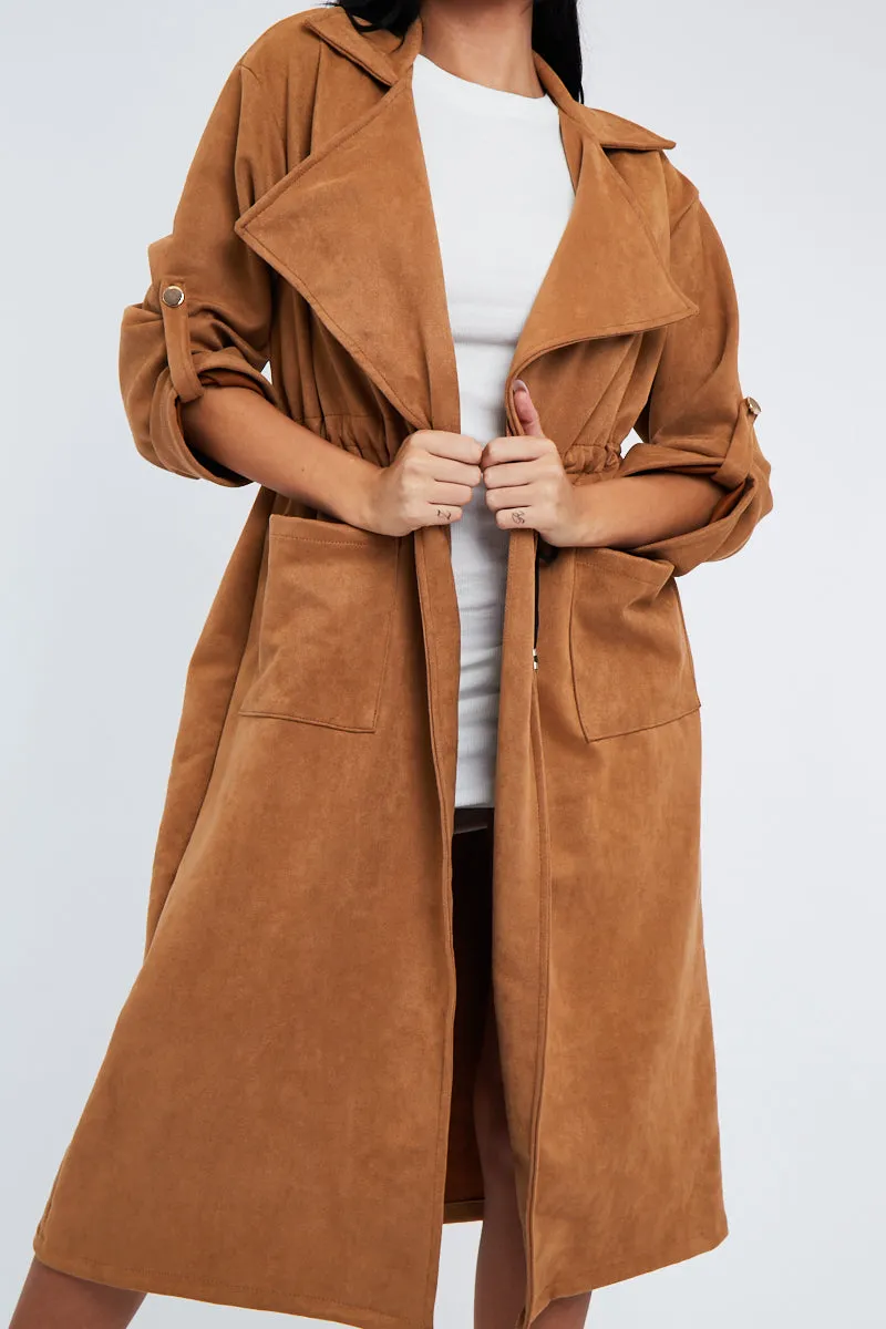 Camel Suede Relaxed Tie Waist Trench Coat - Rora