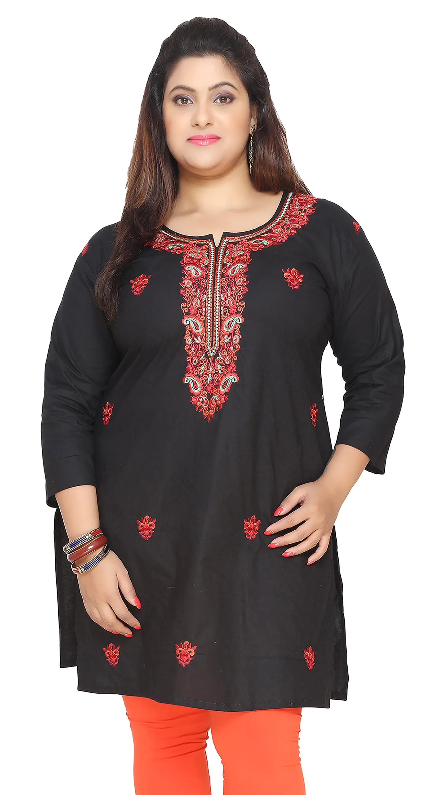 Cotton Tunic Long Top Kurti Womens India Plus Size Clothes (Black)