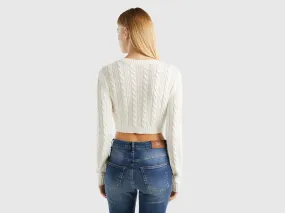 Cropped cable knit sweater - Creamy White | Benetton