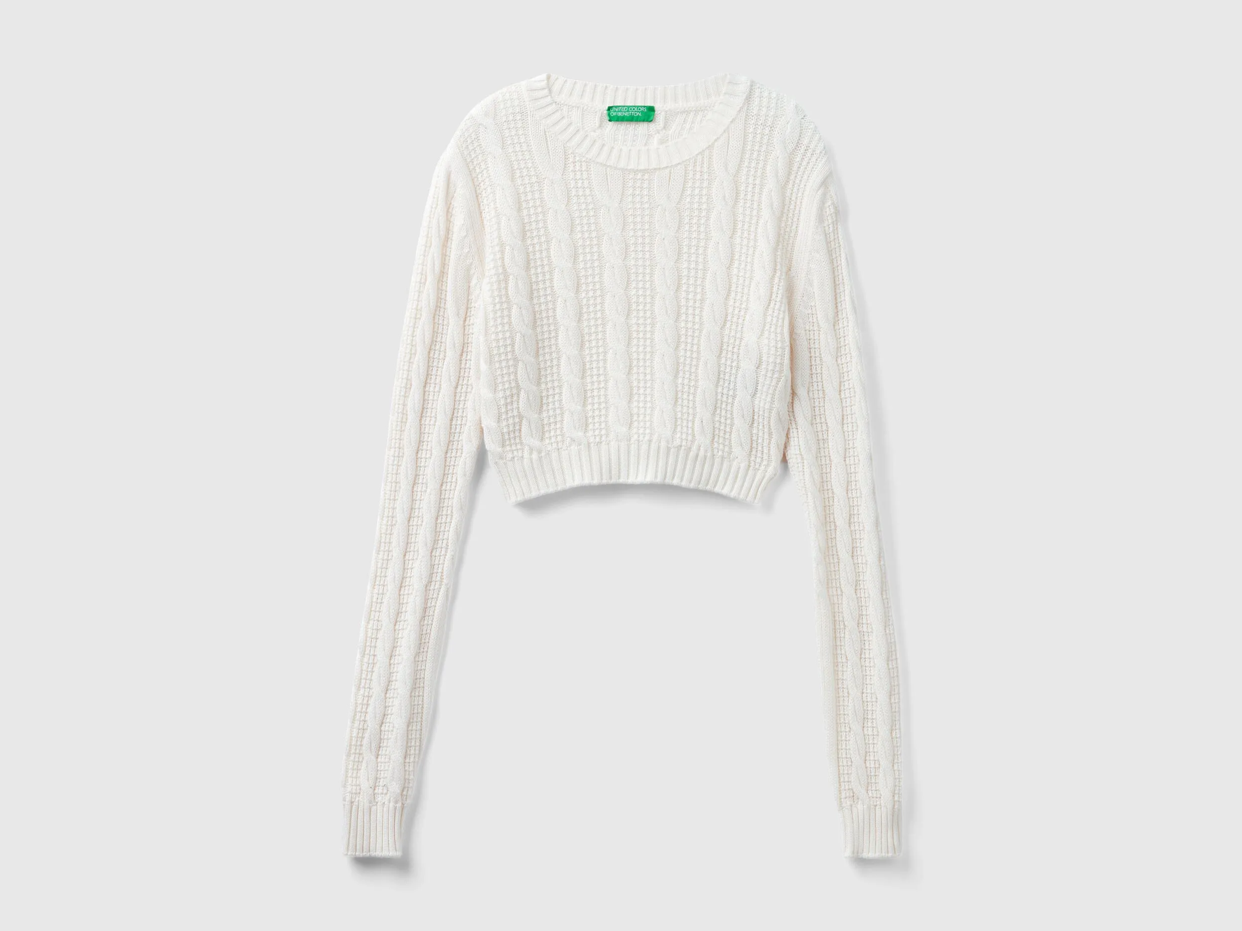 Cropped cable knit sweater - Creamy White | Benetton