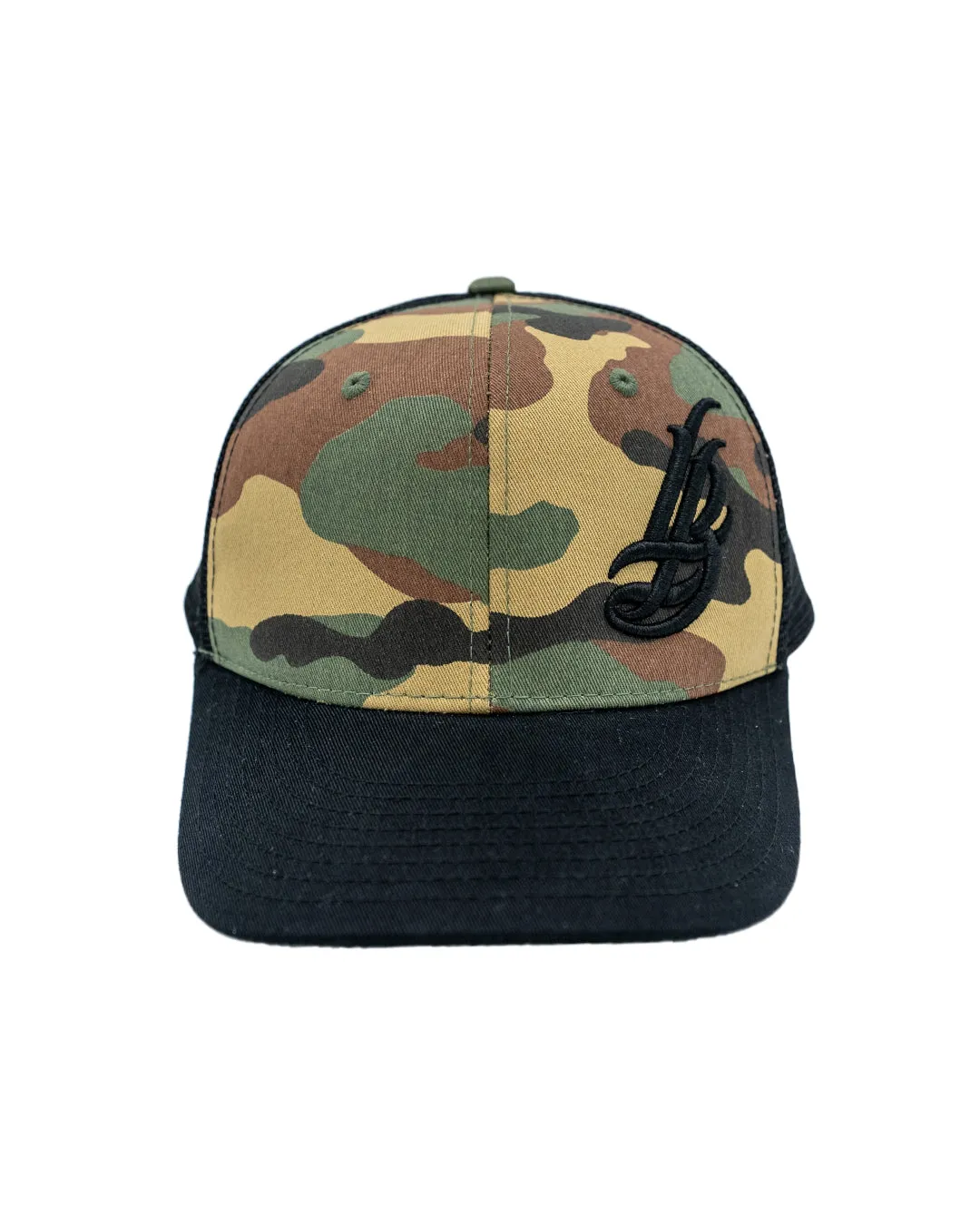 Cursive LB Camo/Black Trucker Baseball Hat