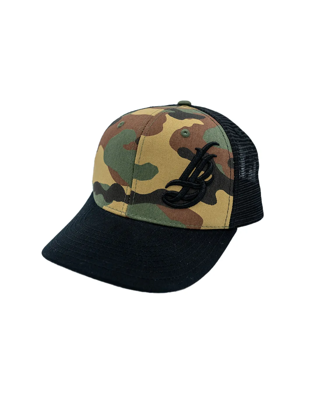 Cursive LB Camo/Black Trucker Baseball Hat