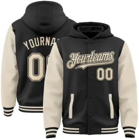 Custom Black Cream Bomber Full-Snap Varsity Letterman Two Tone Hoodie Jacket