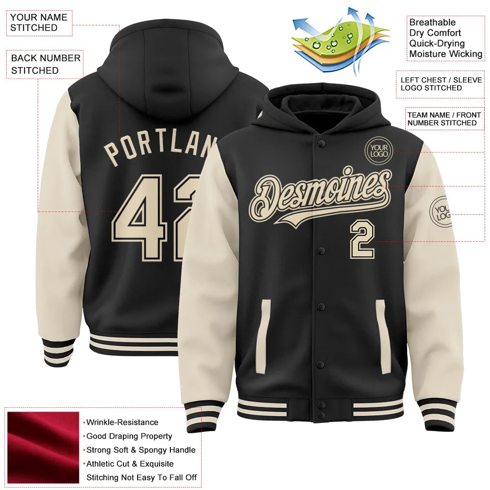 Custom Black Cream Bomber Full-Snap Varsity Letterman Two Tone Hoodie Jacket