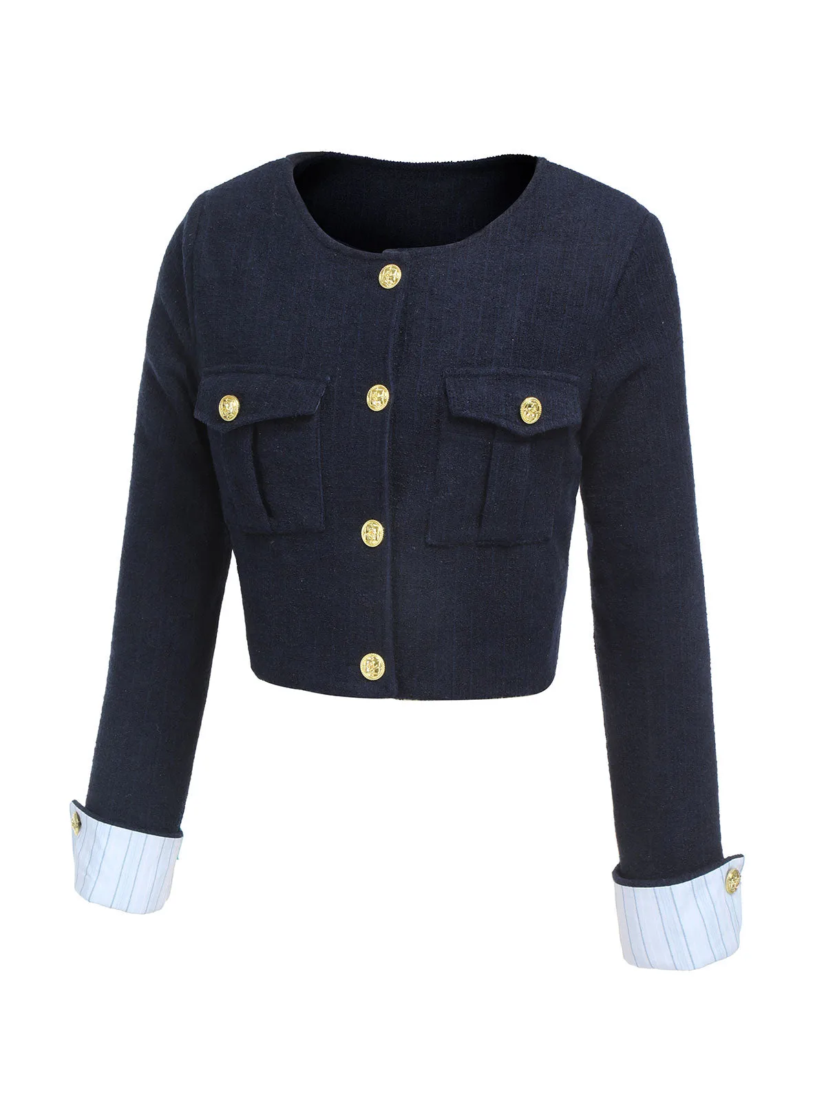 Dark Blue 1950s Buttoned Rolled Sleeve Coat