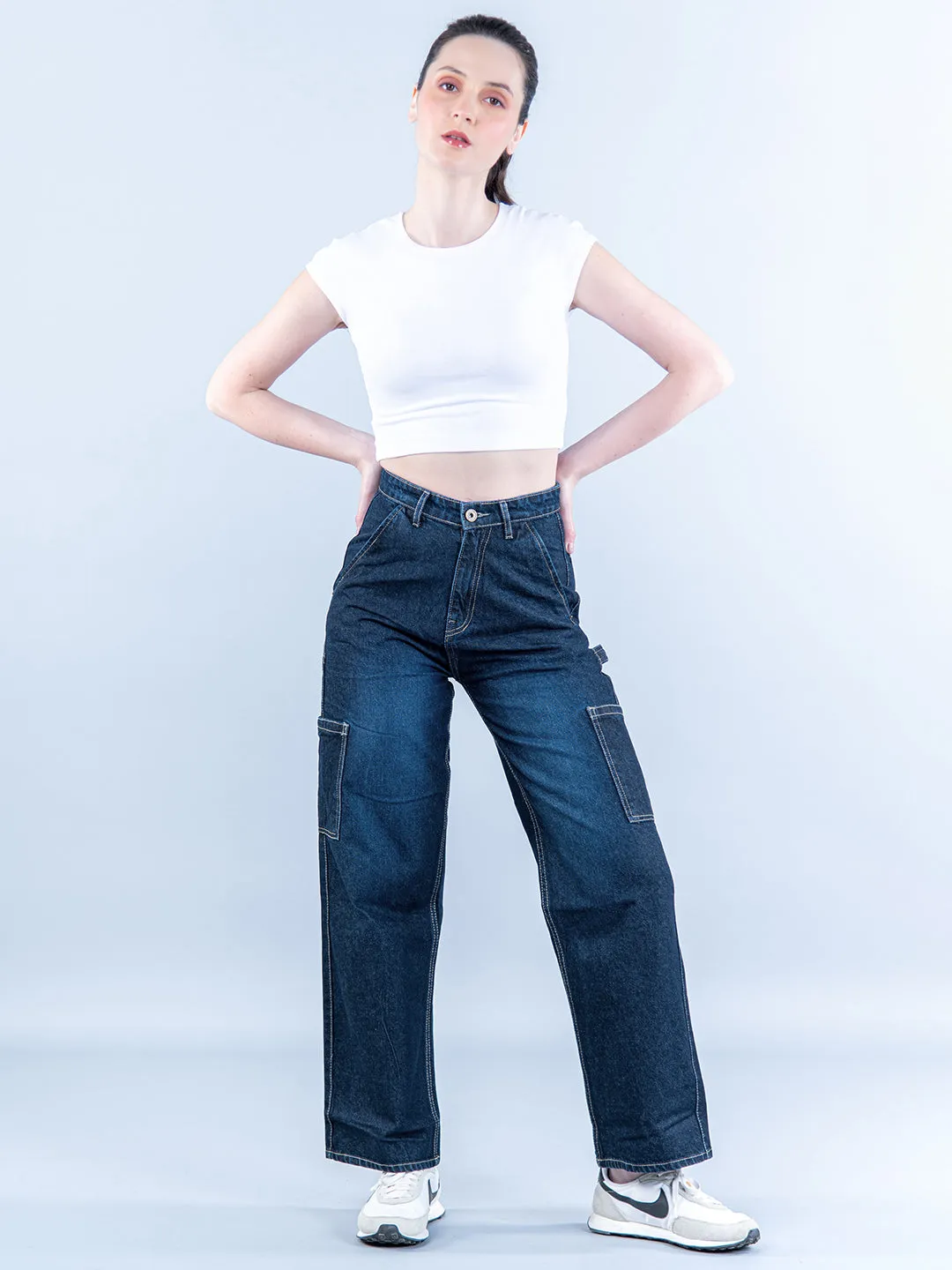 Dark Blue Cargo Jeans For Women