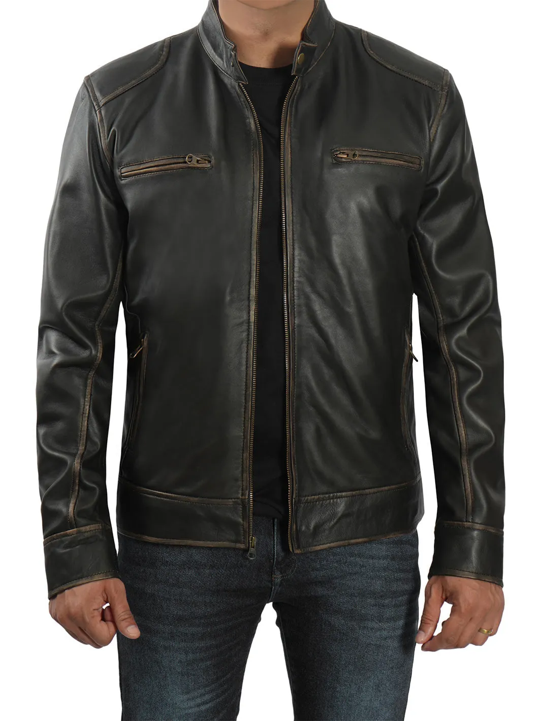 Dodge Tall Mens Dark Brown Cafe Racer Leather Jacket