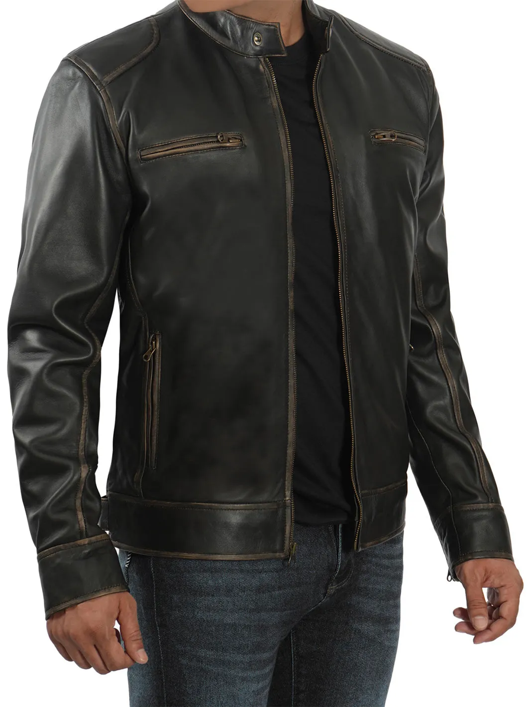 Dodge Tall Mens Dark Brown Cafe Racer Leather Jacket