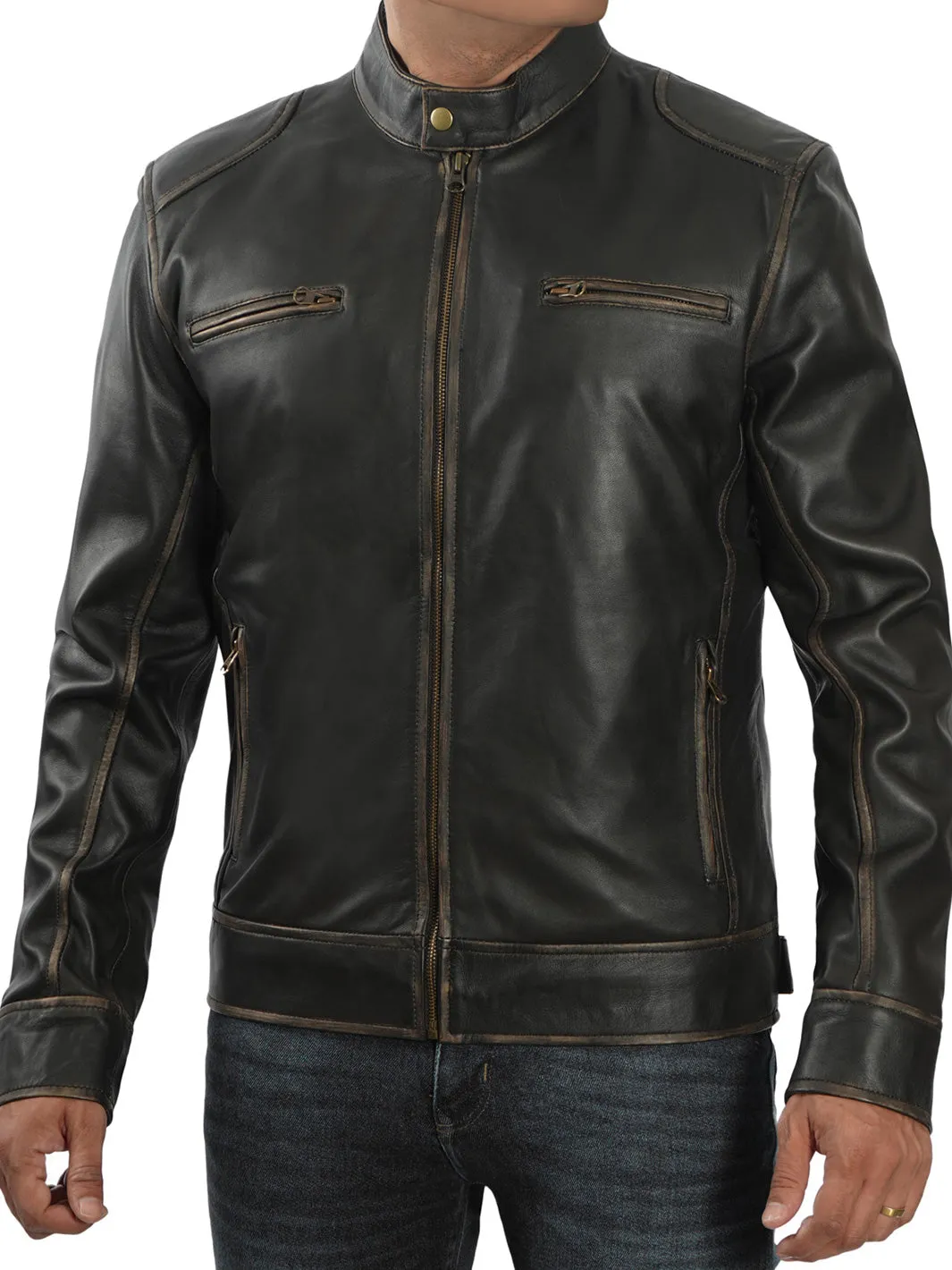 Dodge Tall Mens Dark Brown Cafe Racer Leather Jacket