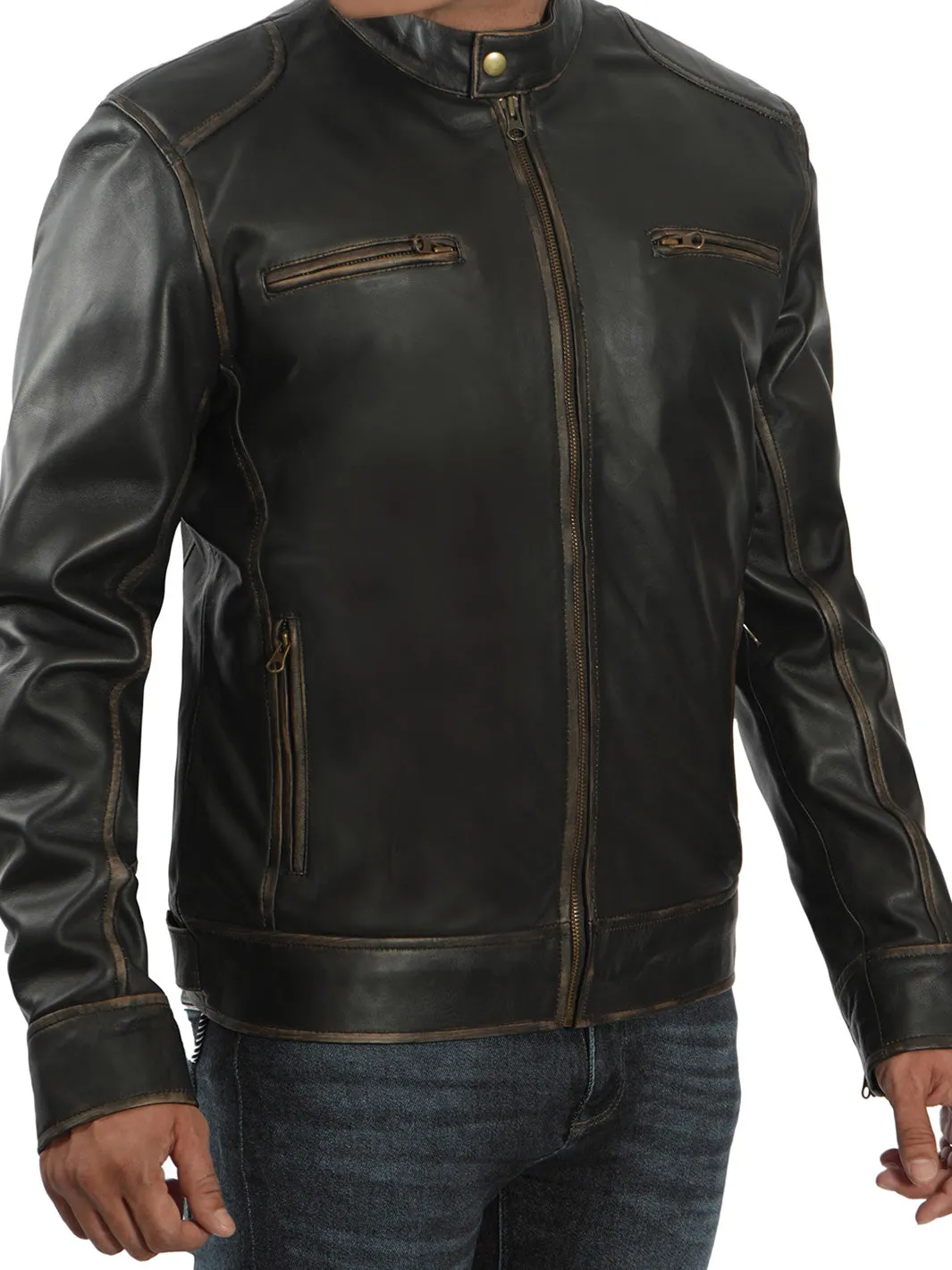 Dodge Tall Mens Dark Brown Cafe Racer Leather Jacket