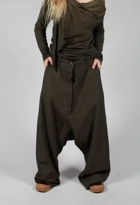 Drop Crotch Long Length Trousers in Khaki Cloud