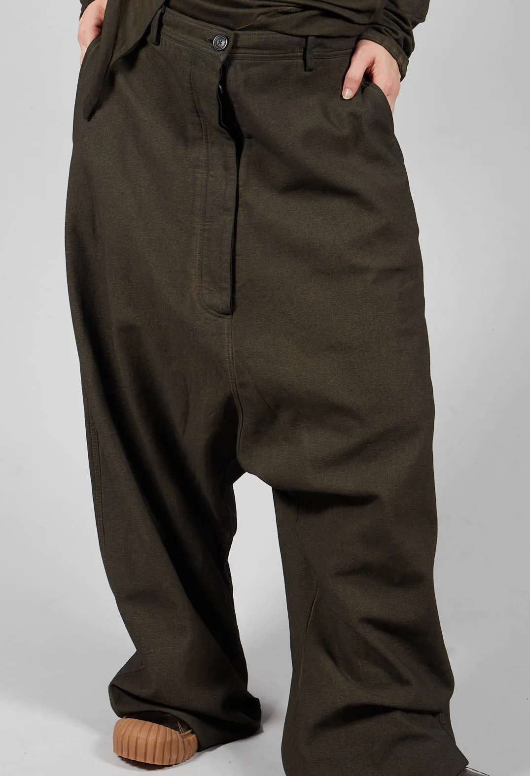 Drop Crotch Long Length Trousers in Khaki Cloud