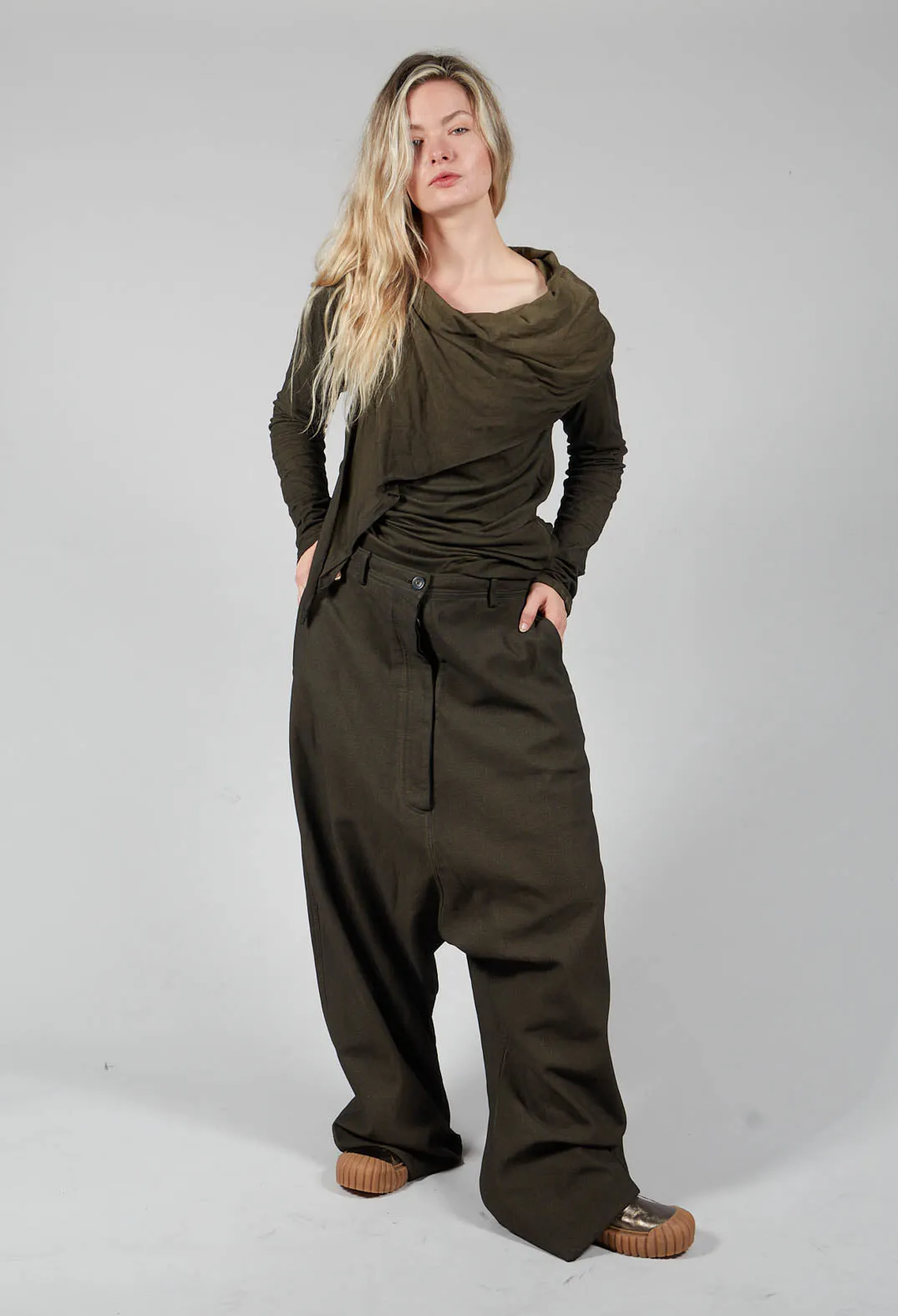 Drop Crotch Long Length Trousers in Khaki Cloud