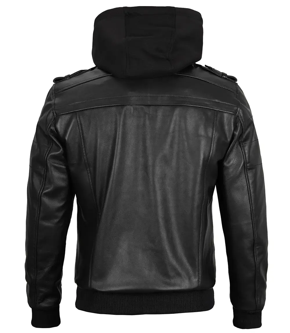 Edinburgh Tall Mens Black Leather Jacket with Removable Hoodie