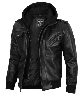 Edinburgh Tall Mens Black Leather Jacket with Removable Hoodie