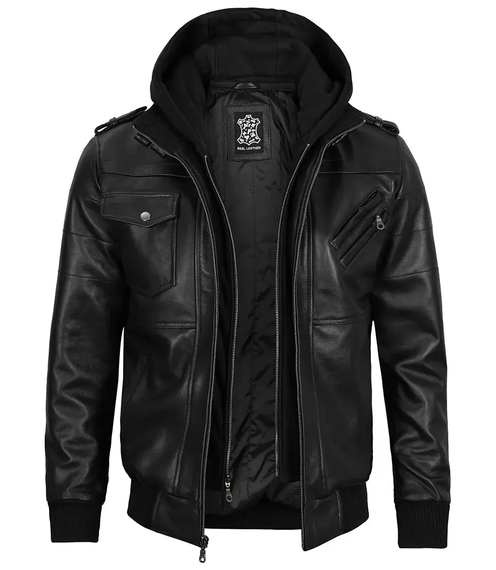 Edinburgh Tall Mens Black Leather Jacket with Removable Hoodie