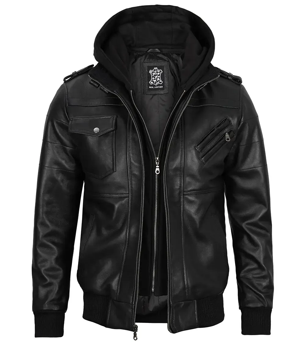 Edinburgh Tall Mens Black Leather Jacket with Removable Hoodie