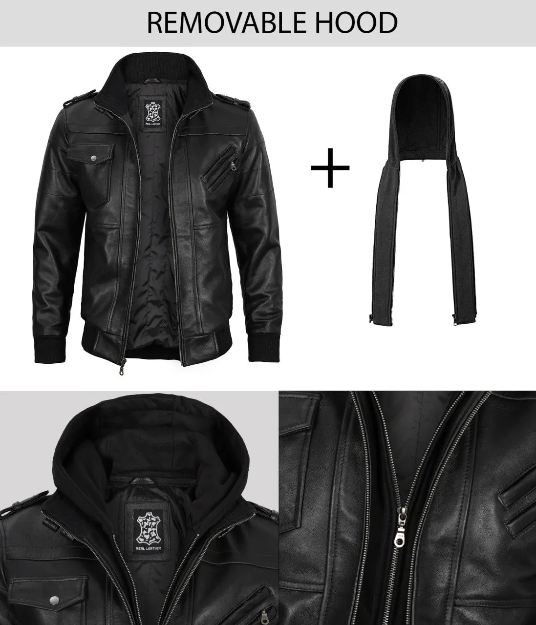 Edinburgh Tall Mens Black Leather Jacket with Removable Hoodie