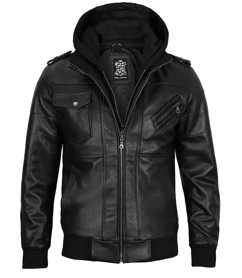 Edinburgh Tall Mens Black Leather Jacket with Removable Hoodie