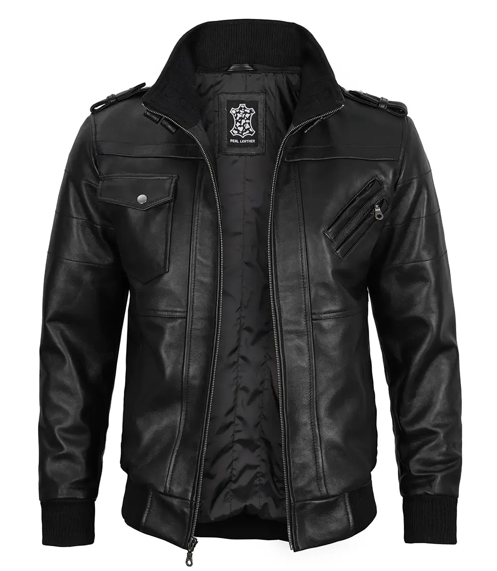 Edinburgh Tall Mens Black Leather Jacket with Removable Hoodie