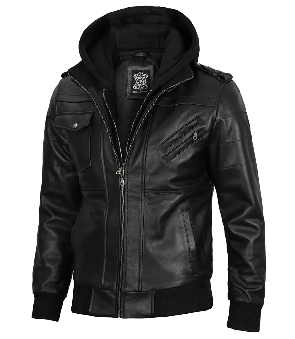 Edinburgh Tall Mens Black Leather Jacket with Removable Hoodie