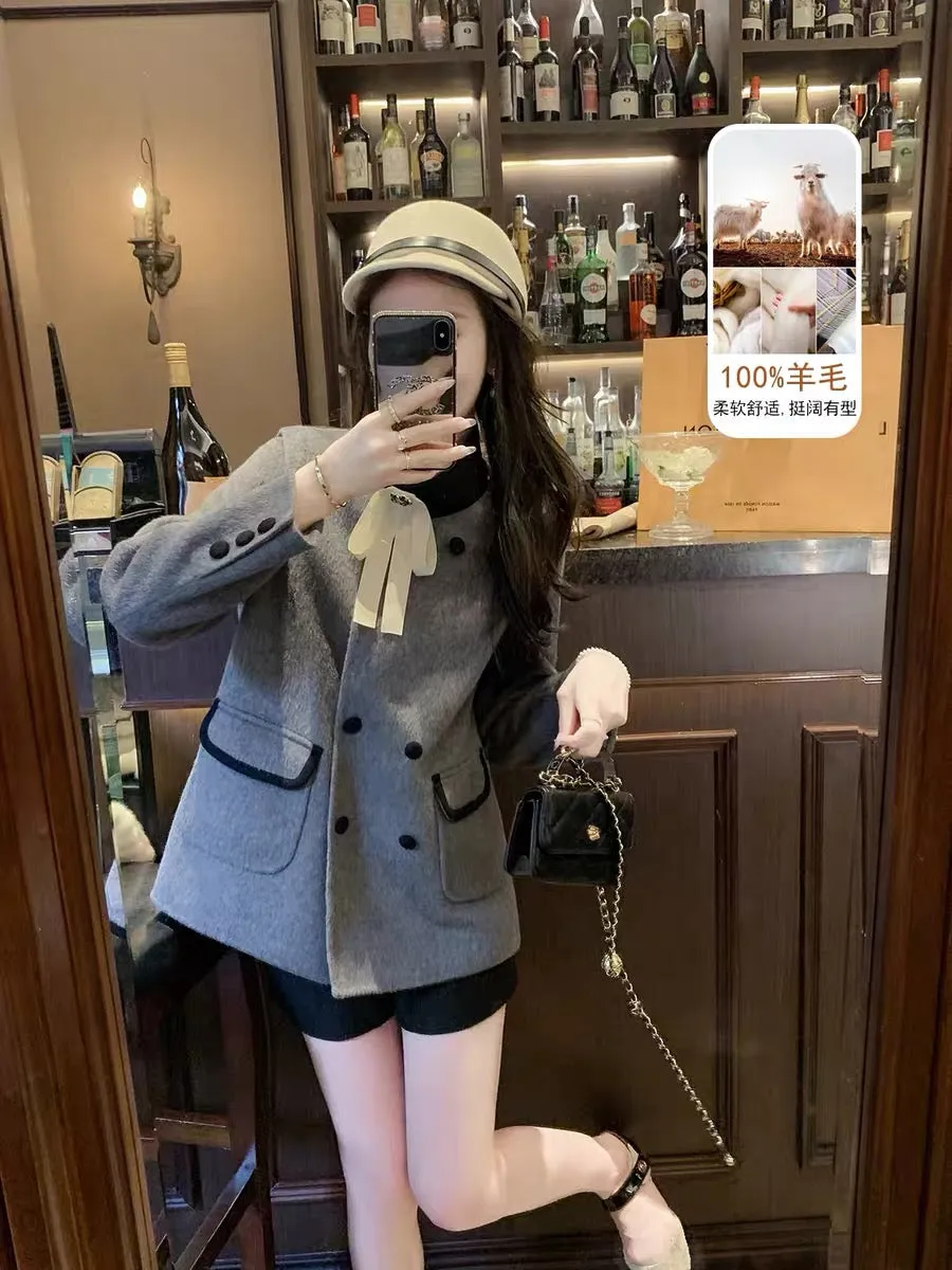 Fish Rabbit's rabbit double-breasted woolen coat for women winter 2023 new style French stand-up collar versatile short coat